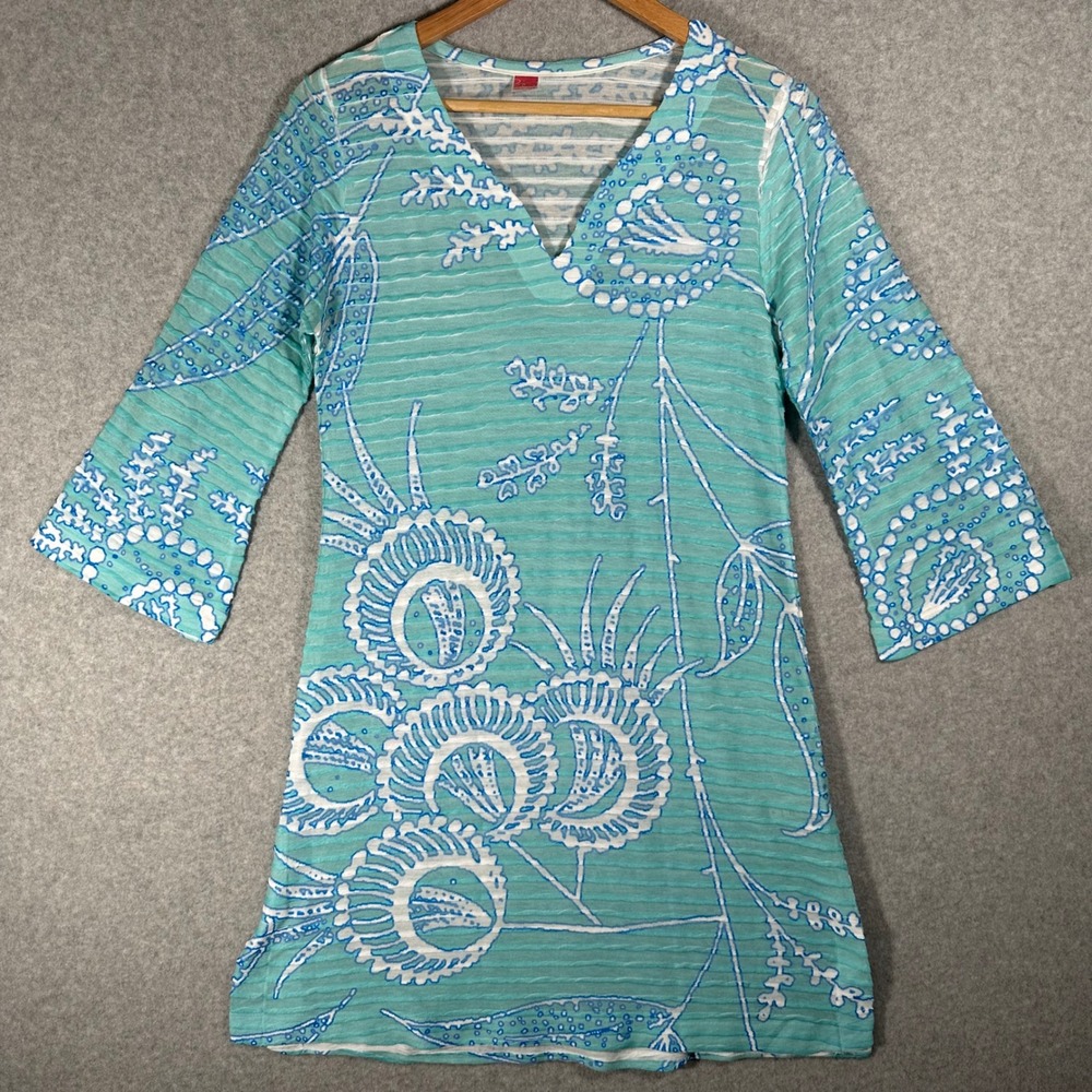 Before + Again Aqua Blue Floral Burnout V-Neck 3/4 Sleeve Tunic Top Size M